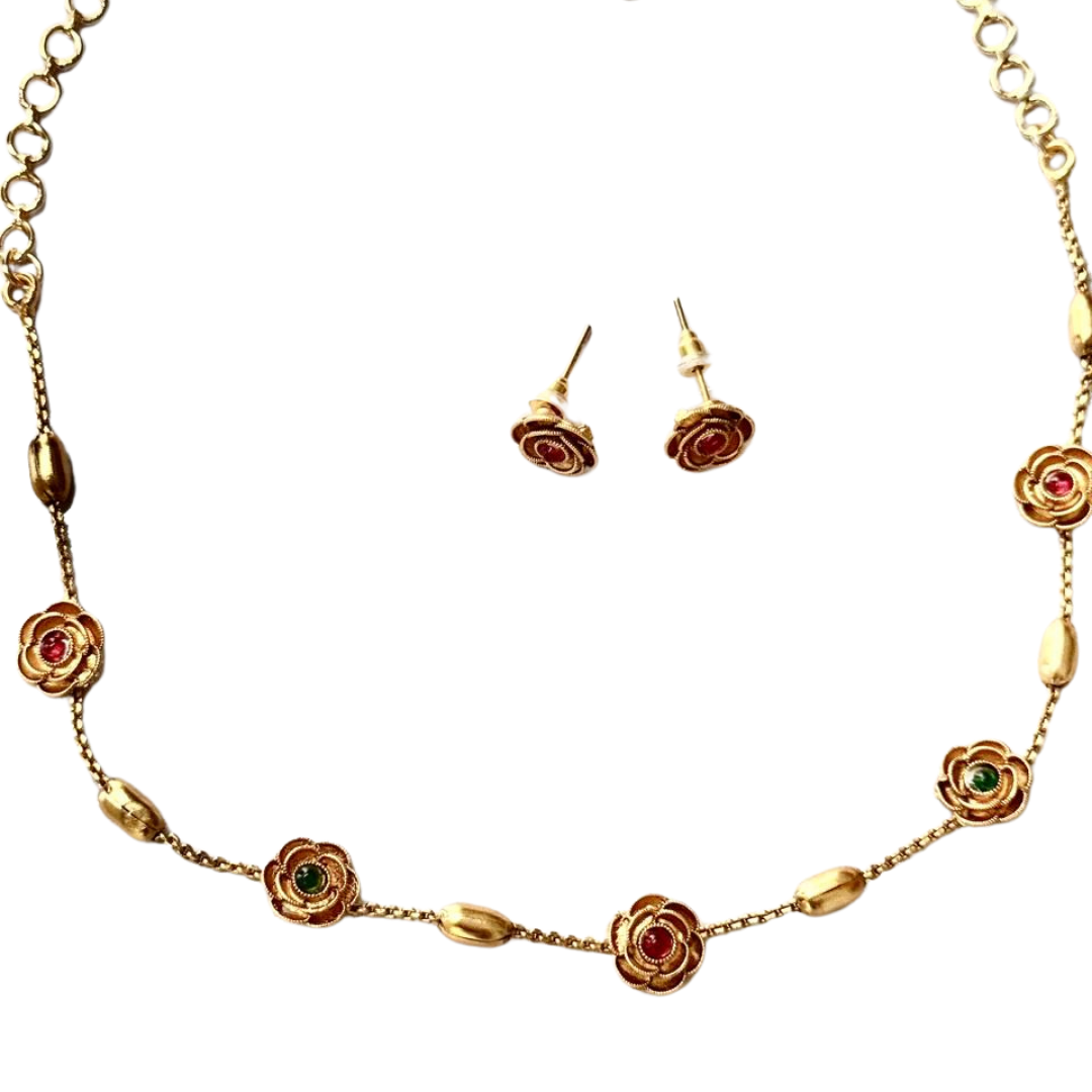 Rose flower design traditional artificial necklace with earrings for events and occasions