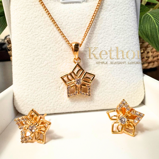 Necklace designed with a bold geometric pattern and dazzling CZ stone , with earrings | hypoallergenic | Daily wear | Tarnish free | Minimal statement design| 24 K gold plated